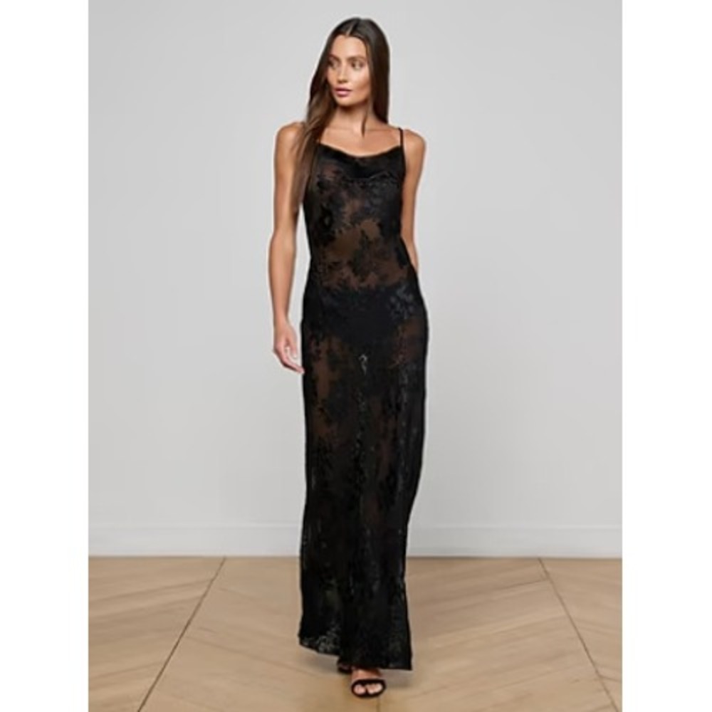 L'AGENCE Christine Dress Burnout Velvet Silk Blend Maxi Black Size 2